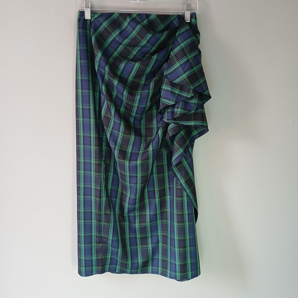 J.Crew Women's Size 4 Long Ruffle Black Watch Tartan Midi Skirt Side Slit